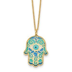 14K Yellow Gold Hamsa Hand of God with Blue Enamel Necklace charm Pendant